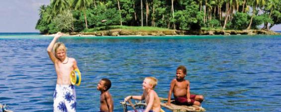 kids on a canoe ion still blue water