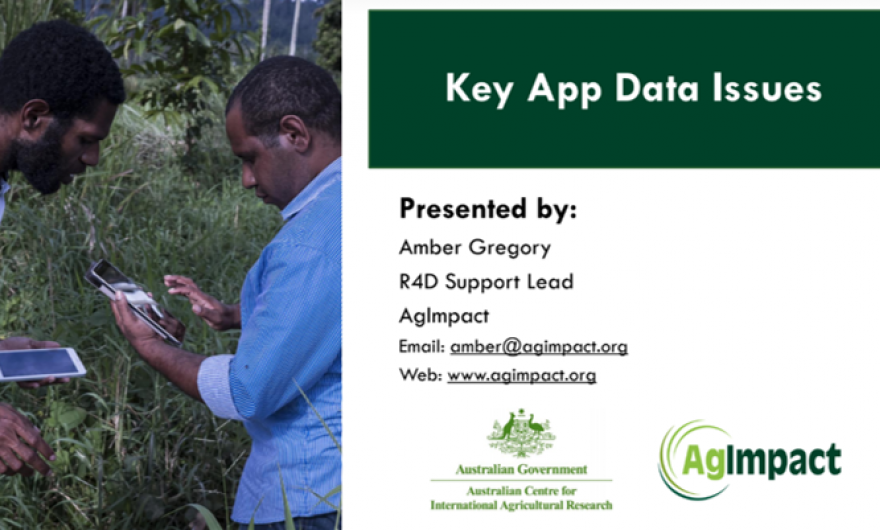 Front slide of key data issue presentation. Image of Jeromy Kavi and fellow NARI staff member practice using a tablet witha  commcare survey after participating in a week long training.